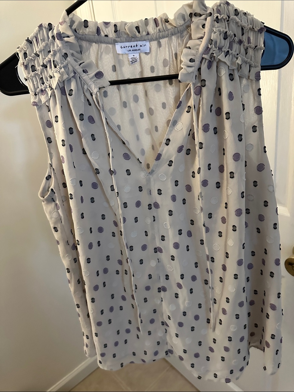Current Air Cream Polka Dot Smocked Shoulder Sleeveless Top